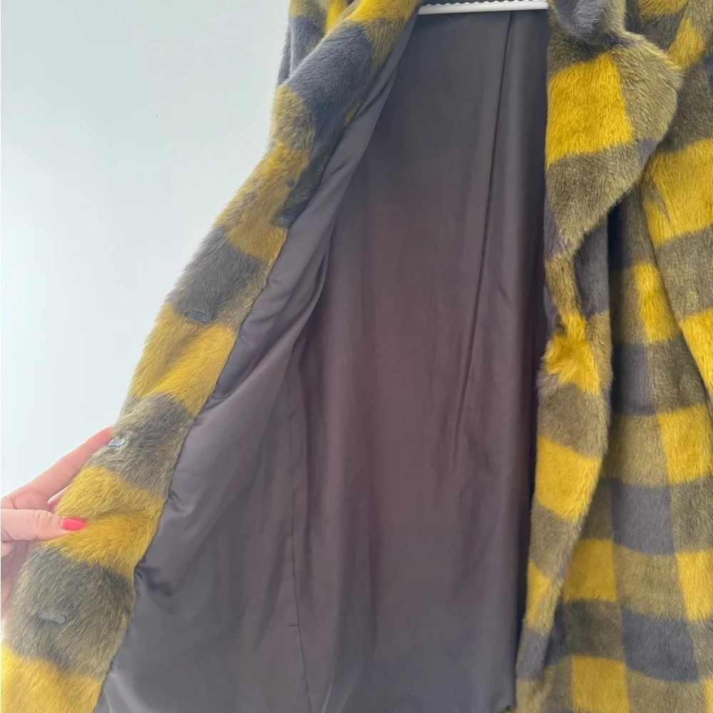 Yellow & purple/ Gray Plaid Faux-Fur Coat - Women's Statement Outerwear - Picture 5 of 6